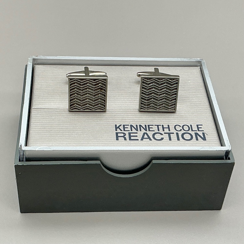 Kenneth Cole Reaction Cufflinks Silver Tone Chevron Square Mens Gift Box